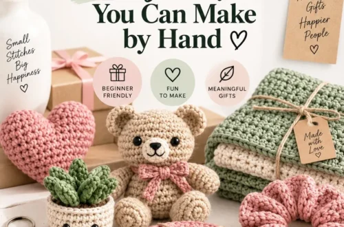 Handmade crochet gifts including a pink heart, teddy bear, scrunchie and daisy, titled Easy Gifts You Can Make by Hand