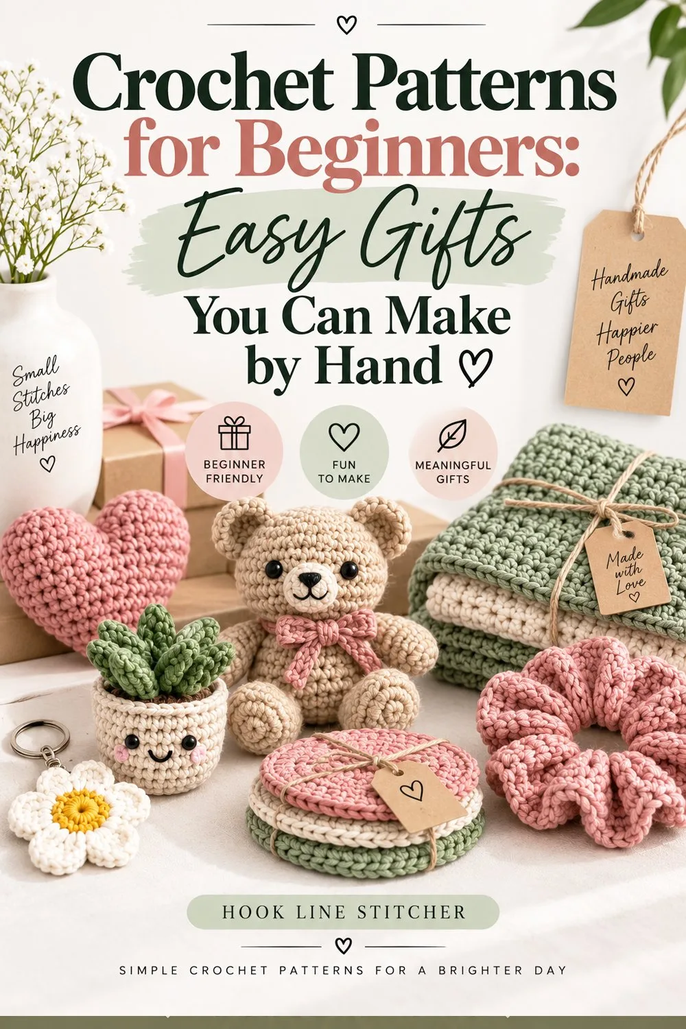Handmade crochet gifts including a pink heart, teddy bear, scrunchie and daisy, titled Easy Gifts You Can Make by Hand