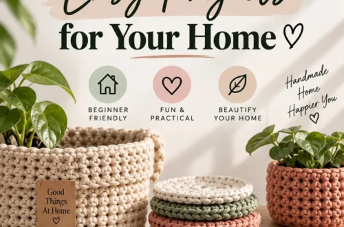 Stacked sage and cream crochet baskets and coasters with potted plants, titled Easy Crochet Projects for Your Home