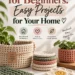 Stacked sage and cream crochet baskets and coasters with potted plants, titled Easy Crochet Projects for Your Home