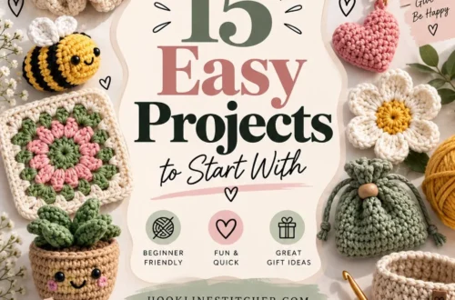 Flat lay of beginner crochet projects including a scrunchie, flower, heart and mini basket, titled 15 Easy Projects to Start With