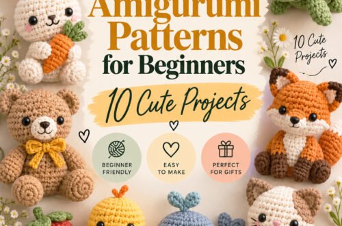 Crochet amigurumi bunny, bear, fox, mushroom, chick and whale grouped around the title Easy Crochet Amigurumi Patterns for Beginners