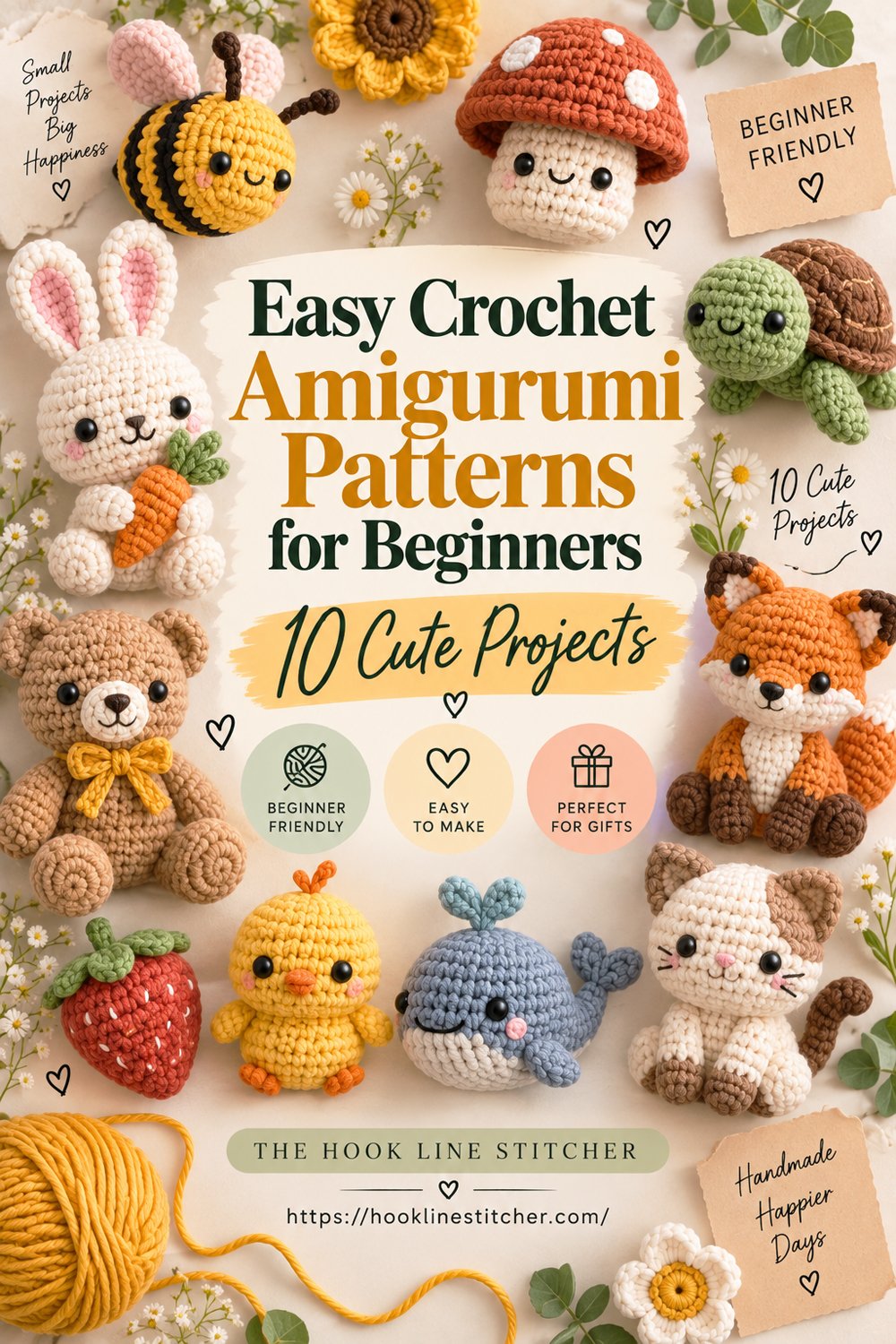 Crochet amigurumi bunny, bear, fox, mushroom, chick and whale grouped around the title Easy Crochet Amigurumi Patterns for Beginners
