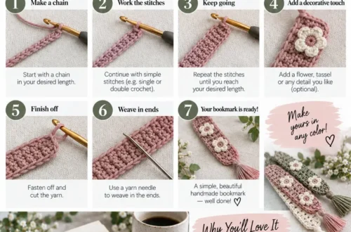 Numbered step-by-step panels showing how to crochet a bookmark, from the starting chain through the rows to the finished bookmark with tassel