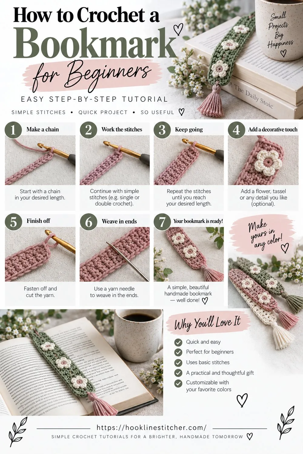 Numbered step-by-step panels showing how to crochet a bookmark, from the starting chain through the rows to the finished bookmark with tassel