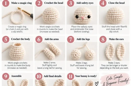 Numbered step-by-step panels showing how to crochet an amigurumi bunny, from the head shaping through the ears to the assembled bunny
