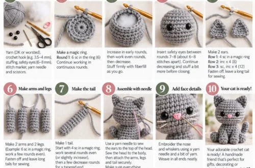Numbered step-by-step panels showing how to crochet an amigurumi cat, from the magic ring through the head and body to the finished cat