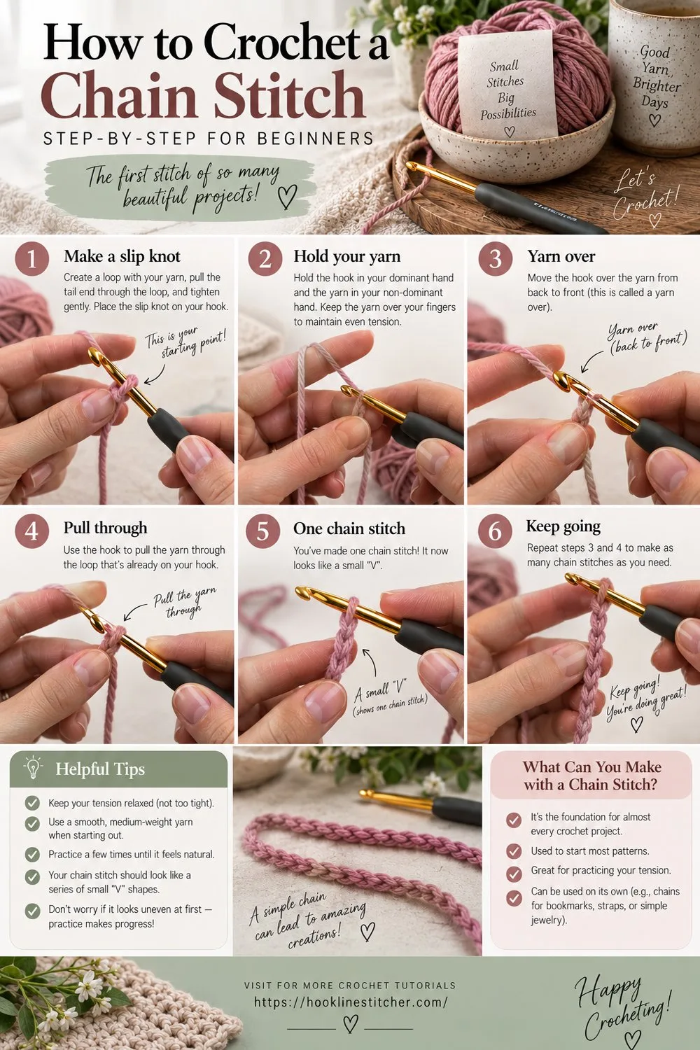 Six numbered close-up photos of hands working a crochet chain stitch in pink yarn, with beginner tips