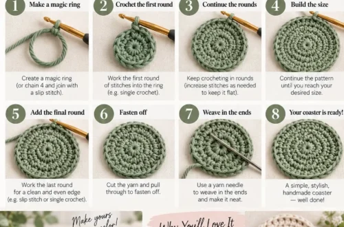 Numbered step-by-step panels showing how to crochet a coaster, from the magic ring through the increase rounds to the finished flat circle
