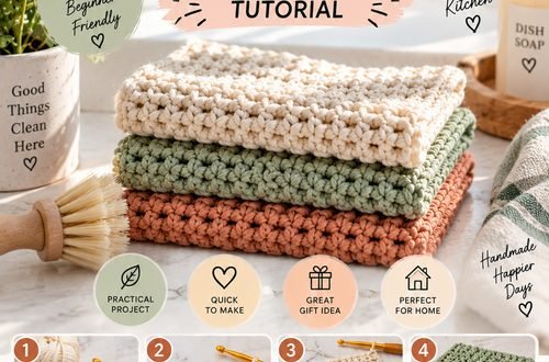 Folded crochet dishcloths in sage, cream and rust beside a lemon and scrub brush, with six numbered steps for making one