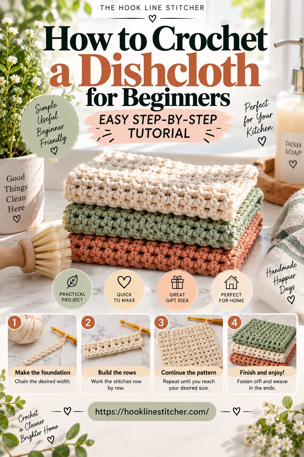 Folded crochet dishcloths in sage, cream and rust beside a lemon and scrub brush, with six numbered steps for making one