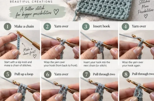 Numbered step-by-step panels showing how to double crochet, from yarn over to the completed stitch
