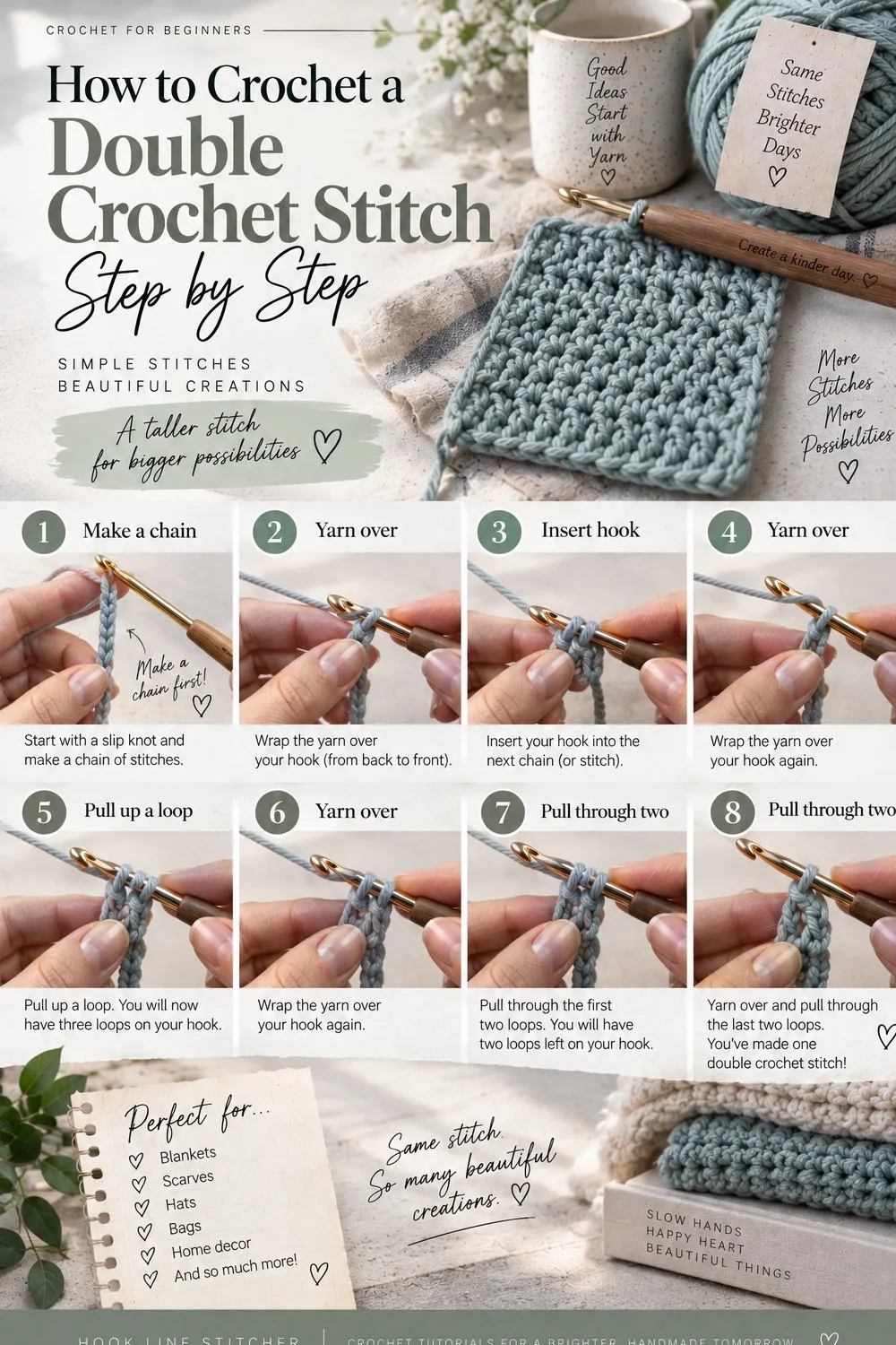 Numbered step-by-step panels showing how to double crochet, from yarn over to the completed stitch