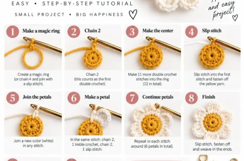 Numbered step-by-step panels showing how to make a crochet flower keychain, from the centre ring through the petals to the finished keychain