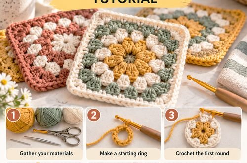 Stack of crochet granny squares in rust, sage and mustard, with six numbered steps showing how to crochet a granny square