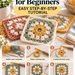 Stack of crochet granny squares in rust, sage and mustard, with six numbered steps showing how to crochet a granny square