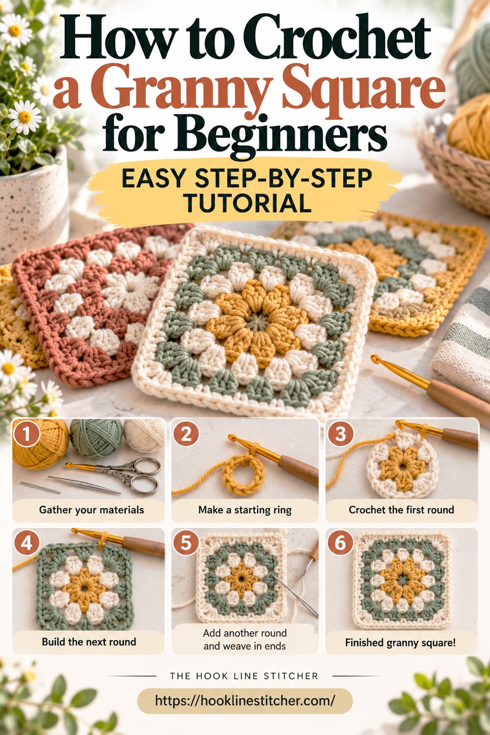 Stack of crochet granny squares in rust, sage and mustard, with six numbered steps showing how to crochet a granny square