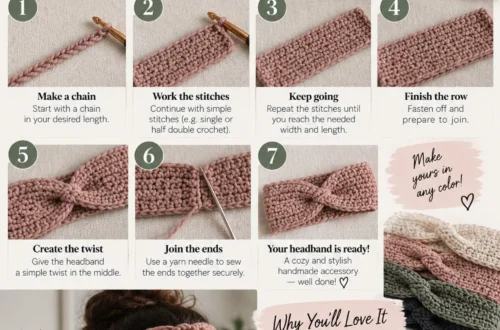 Numbered step-by-step panels showing how to crochet a headband in back loop ribbing, from the first row to the joined band