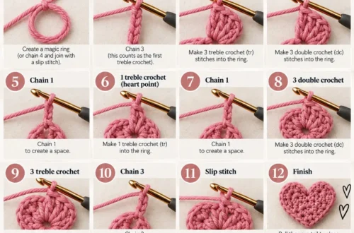 Numbered step-by-step panels showing how to crochet a heart, from the starting ring through the stitch sequence to the finished heart