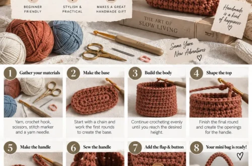 Numbered step-by-step panels showing how to crochet a mini bag, from the flat circle base through the sides to the finished bag with strap