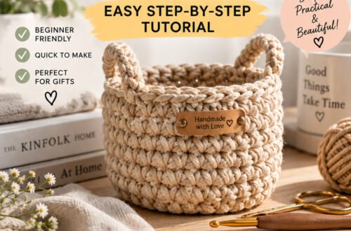 Cream crochet mini basket with handles, shown with four numbered steps for the base, sides and handles