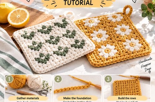 Green and mustard crochet pot holders with daisy motifs on a kitchen counter, with six numbered steps for making one
