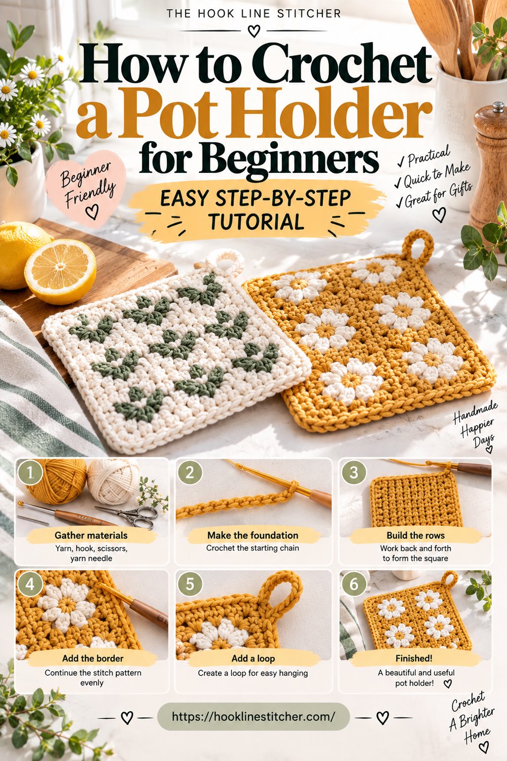 Green and mustard crochet pot holders with daisy motifs on a kitchen counter, with six numbered steps for making one