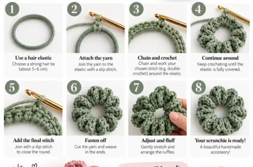 Numbered step-by-step panels showing how to crochet a scrunchie, from working over the hair elastic to the finished ruffled scrunchie