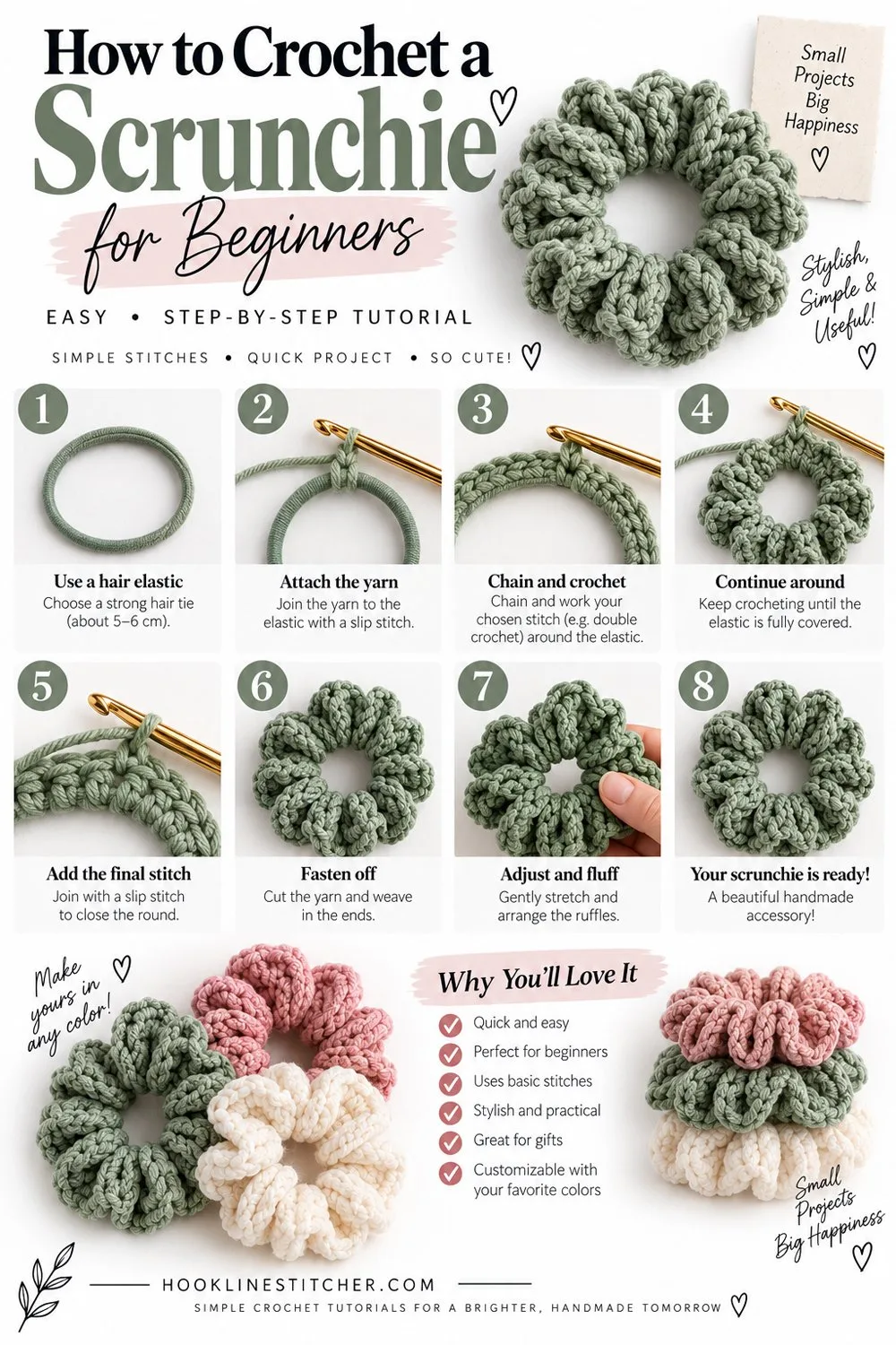 Numbered step-by-step panels showing how to crochet a scrunchie, from working over the hair elastic to the finished ruffled scrunchie