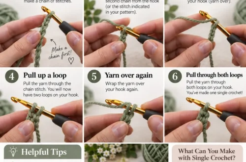 Numbered step-by-step panels showing how to single crochet, from inserting the hook to the finished stitch