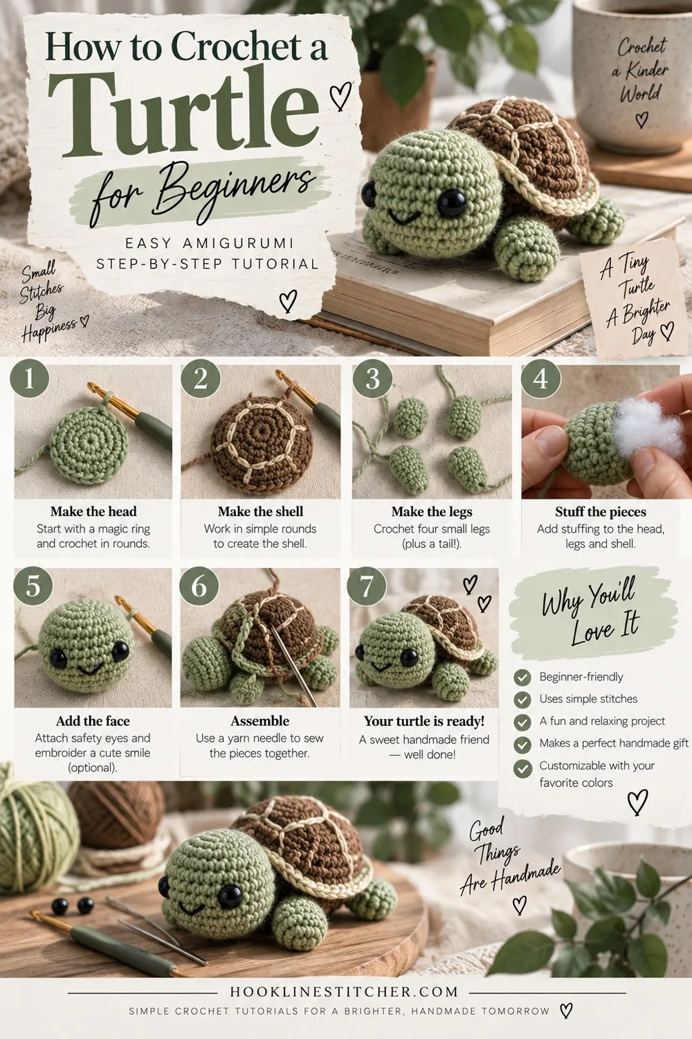 Numbered step-by-step panels showing how to crochet an amigurumi turtle, from the shell circle through the legs to the assembled turtle