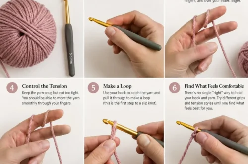 Step-by-step panels showing how to hold a crochet hook and yarn, with hand positions for the knife and pencil grips