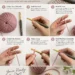 Step-by-step panels showing how to hold a crochet hook and yarn, with hand positions for the knife and pencil grips