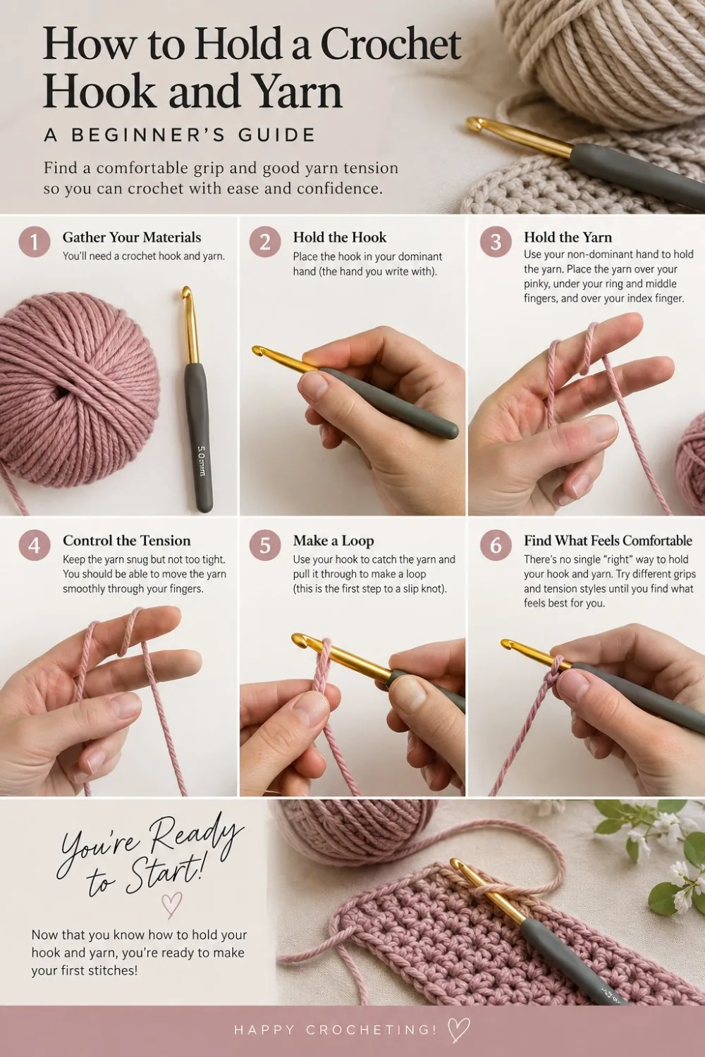 Step-by-step panels showing how to hold a crochet hook and yarn, with hand positions for the knife and pencil grips