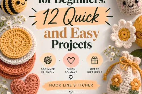 Small crochet projects including a sunflower, stacked coasters, a heart and potted plants, titled 12 Quick and Easy Projects