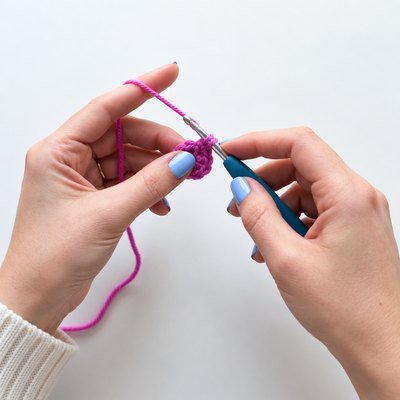 Hands working a crochet stitch with pink yarn and a teal crochet hook