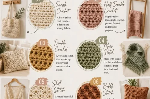 Chart of seven crochet stitches every beginner should know — single crochet, half double crochet, double crochet, moss stitch, shell stitch, bobble stitch and granny stitch — each shown as a worked swatch with a short description