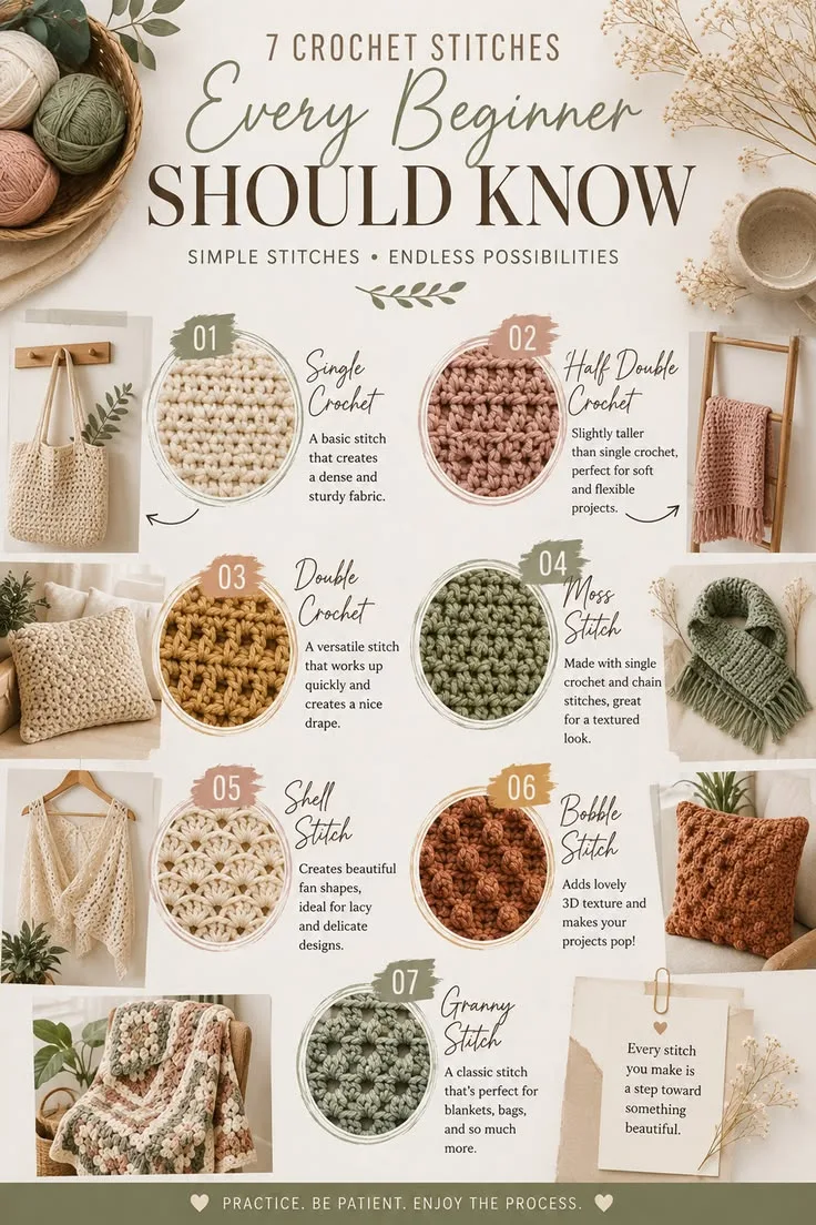 Chart of seven crochet stitches every beginner should know — single crochet, half double crochet, double crochet, moss stitch, shell stitch, bobble stitch and granny stitch — each shown as a worked swatch with a short description