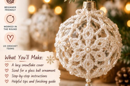Crochet snowflake ornament lacy cover on a glass ball