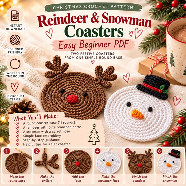 Reindeer and snowman coasters crochet pattern