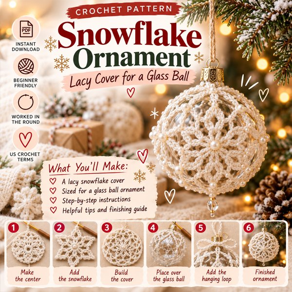 Snowflake ornament cover crochet pattern